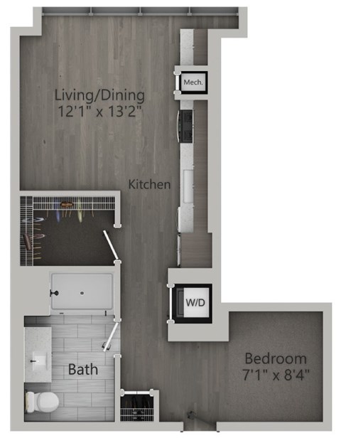 Floor plan for 1 bed, 1 bath, 545 sqft